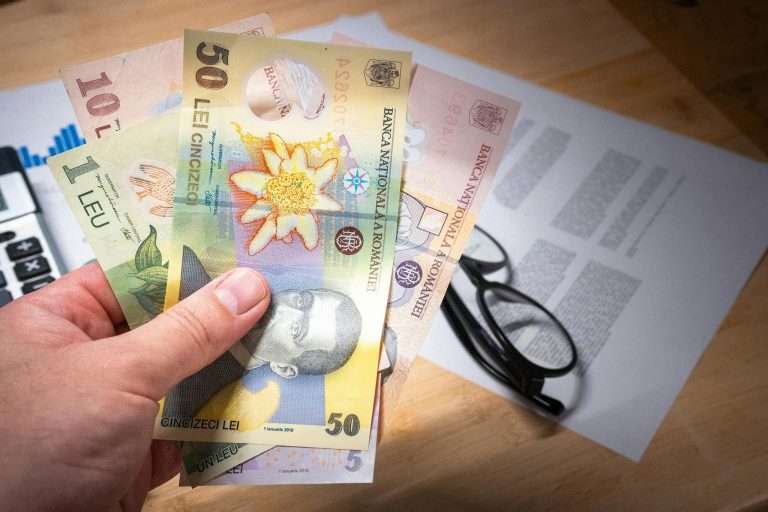 Hand holding Romanian leu banknotes above financial documents, depicting finance and economy.